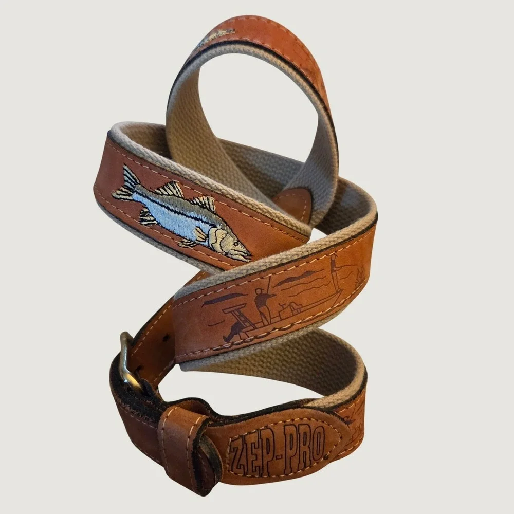 ZEP-PRO Mens Fishing Belt Tan Leather Canvas Snook Embroidered Solid Brass 42 44